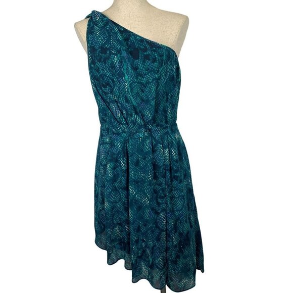 Rachel Roy Asymmetrical One Sleeve Print Midi Dress Green Blue Size 10 - Picture 1 of 8